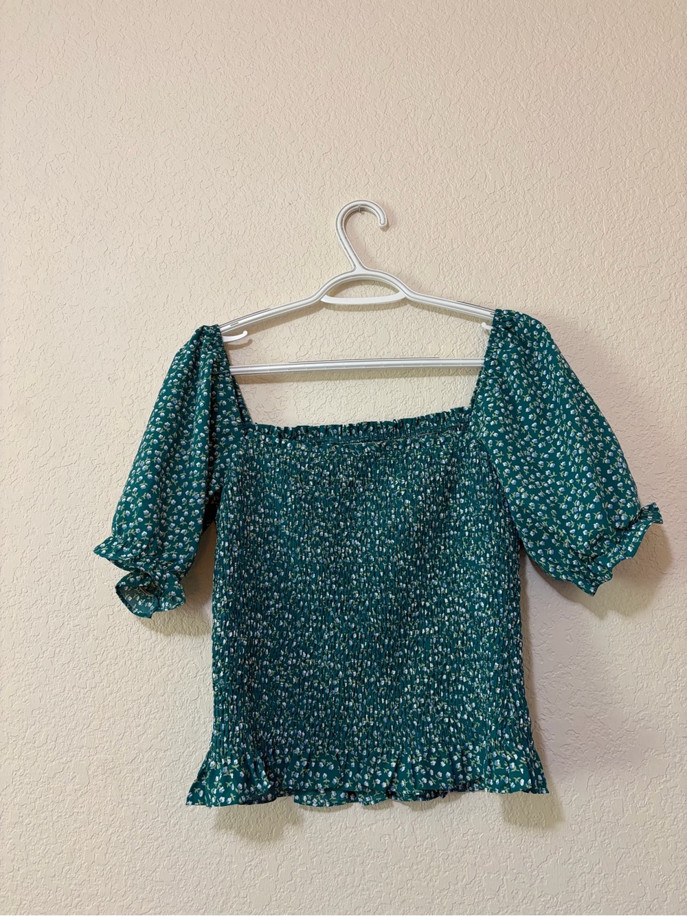 Smocked Square-Neck Peasant Top - Green Floral
